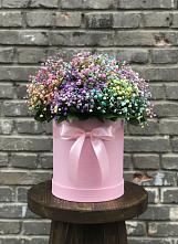 Цветочная композиция из Гипсофила и Розы в шляпной коробке в Искре Курской области