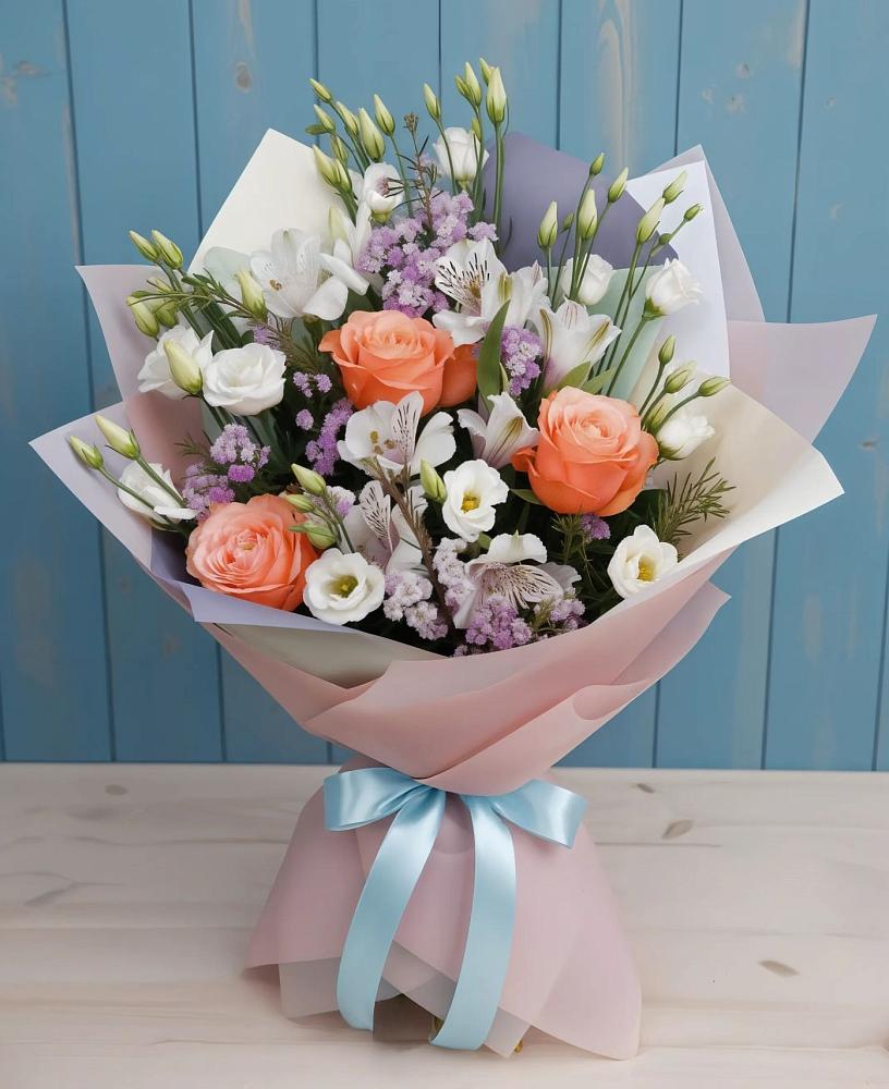 Букет цветов из: Лизиантусы, Розы, Альстромерии и Гипсофила в Искре Курской области